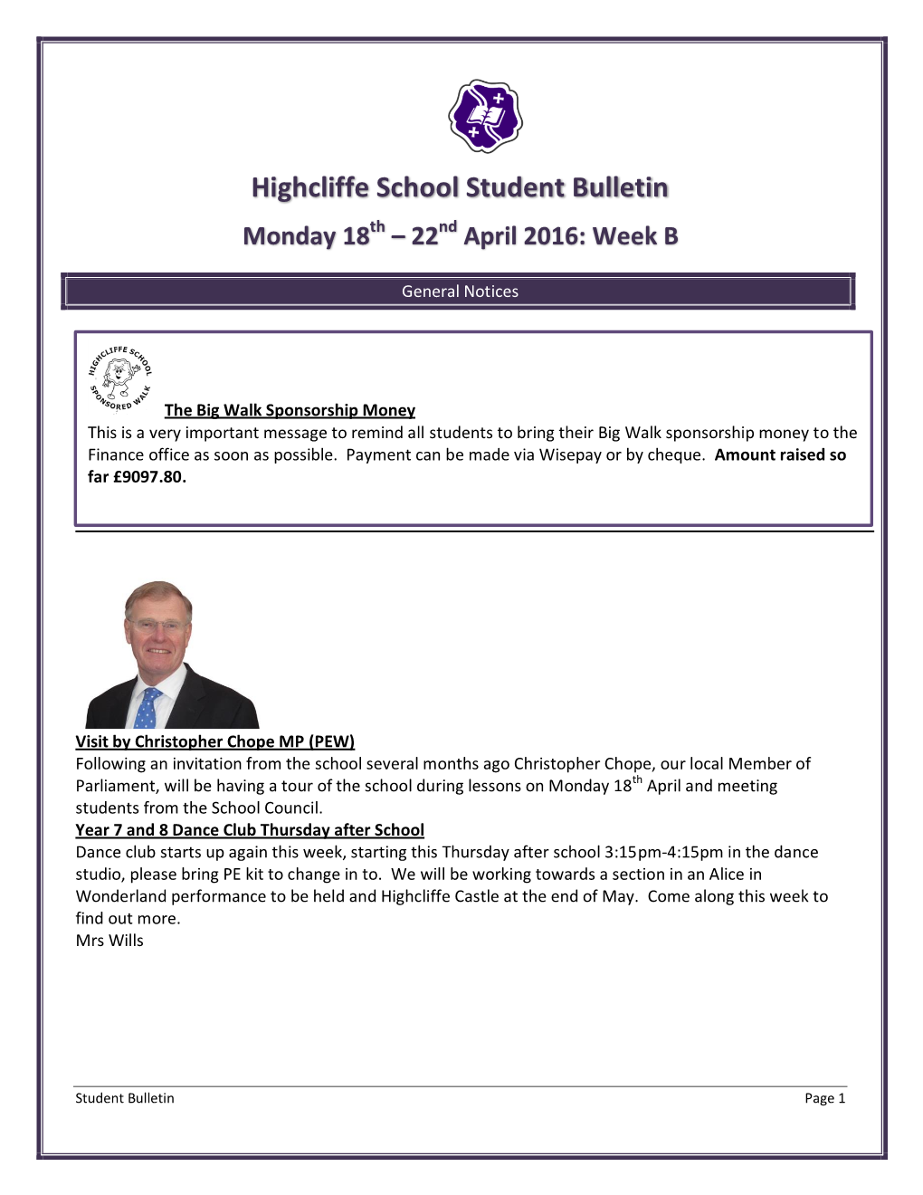 Highcliffe School Student Bulletin