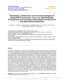 Morphology, Ultrastructure and Molecular Phylogeny of Wangodinium Sinense Gen