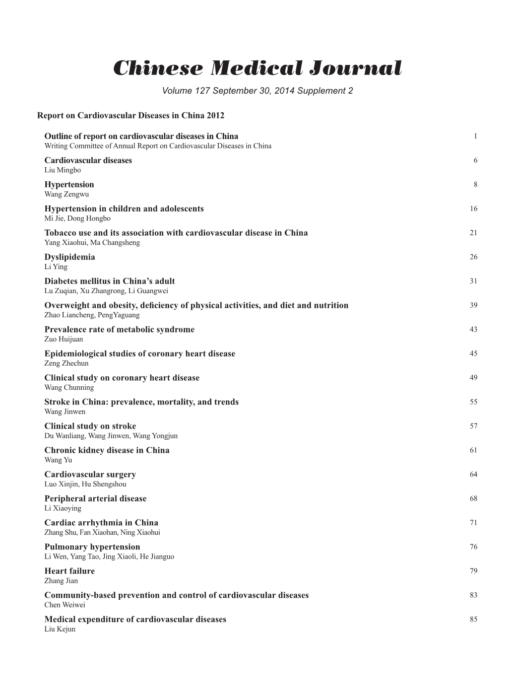 Chinese Medical Journal Volume 127 September 30, 2014 Supplement 2