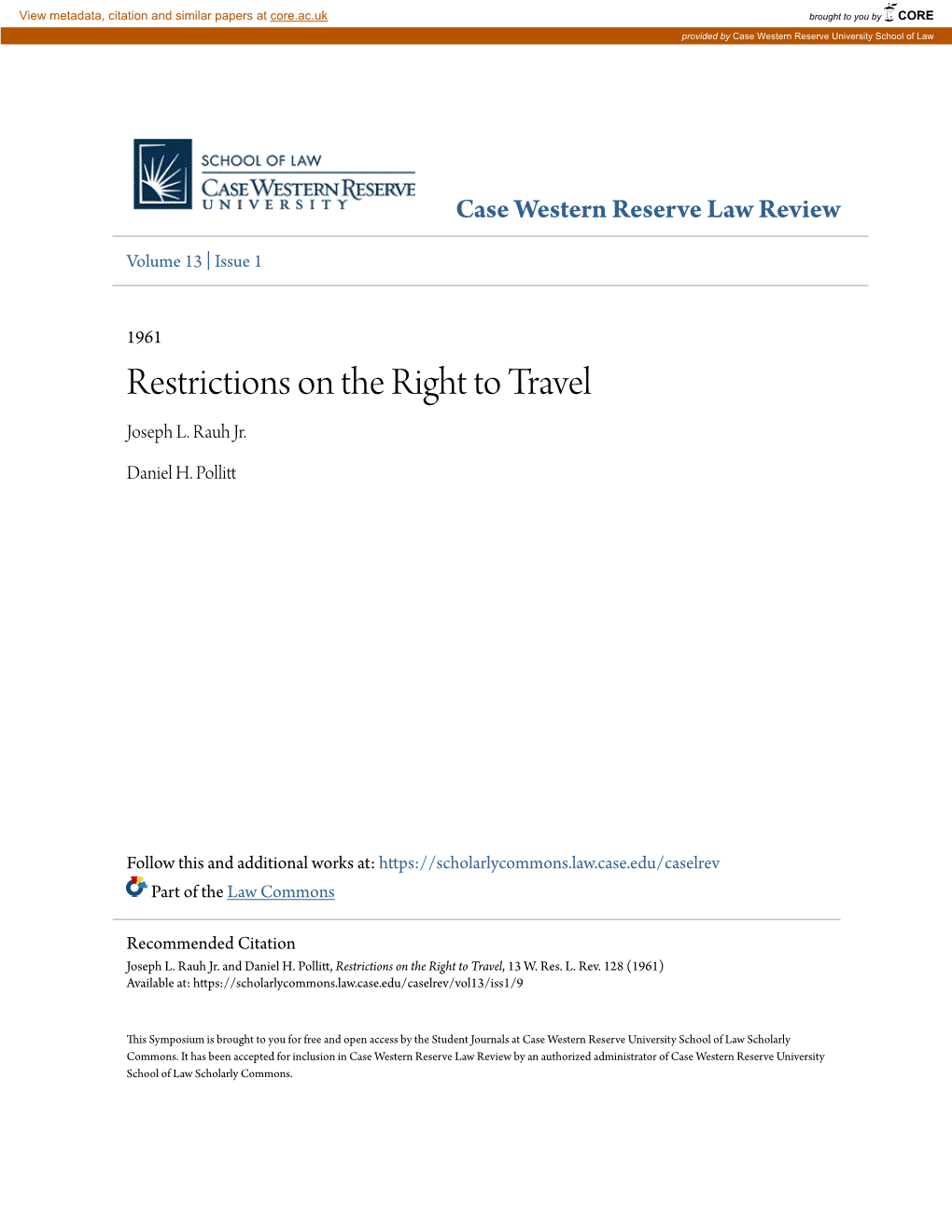 Restrictions on the Right to Travel Joseph L