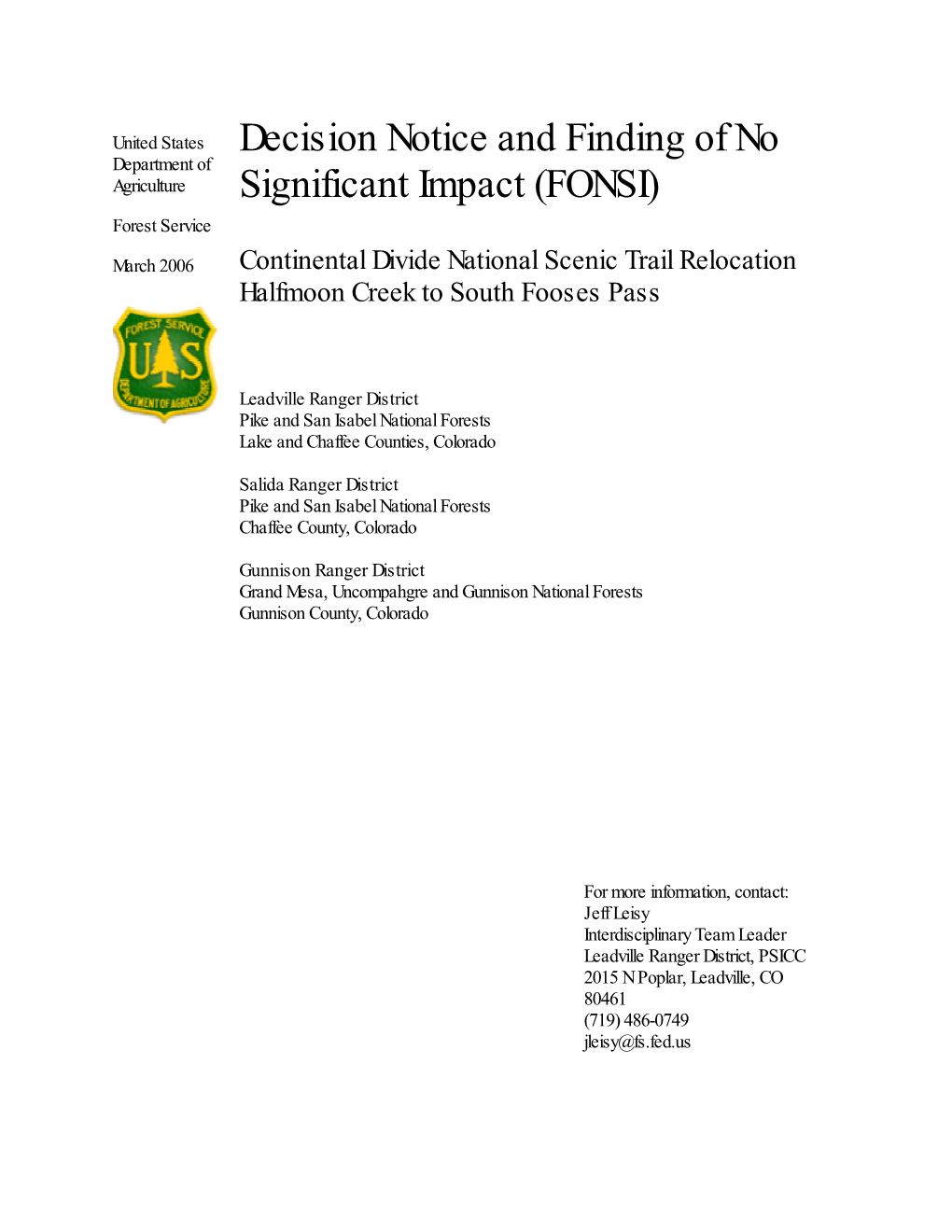 Decision Notice and Finding of No Significant Impact (FONSI)