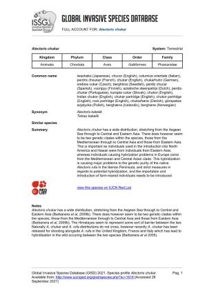 FULL ACCOUNT FOR: Alectoris Chukar Global Invasive Species Database (GISD) 2021. Species Profile Alectoris Chukar. Available