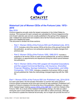 Historical List of Women Ceos of the Fortune Lists: 1972– 2019 May 2019 Fortune Magazine Annually Ranks the Largest Companies in the United States by Revenue