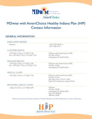 Mdwise with Americhoice Healthy Indiana Plan (HIP) Contact Information