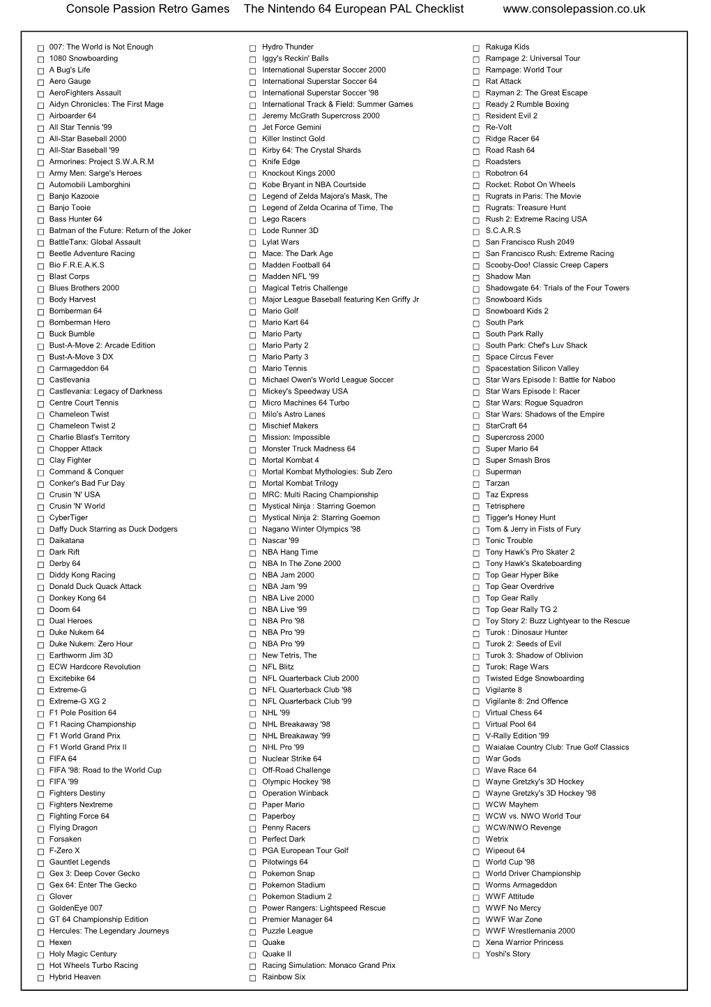 Nintendo 64 European PAL Checklist