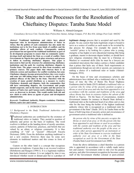 The State and the Processes for the Resolution of Chieftaincy Disputes: Taraba State Model
