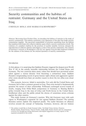 Security Communities and the Habitus of Restraint: Germany and the United States on Iraq