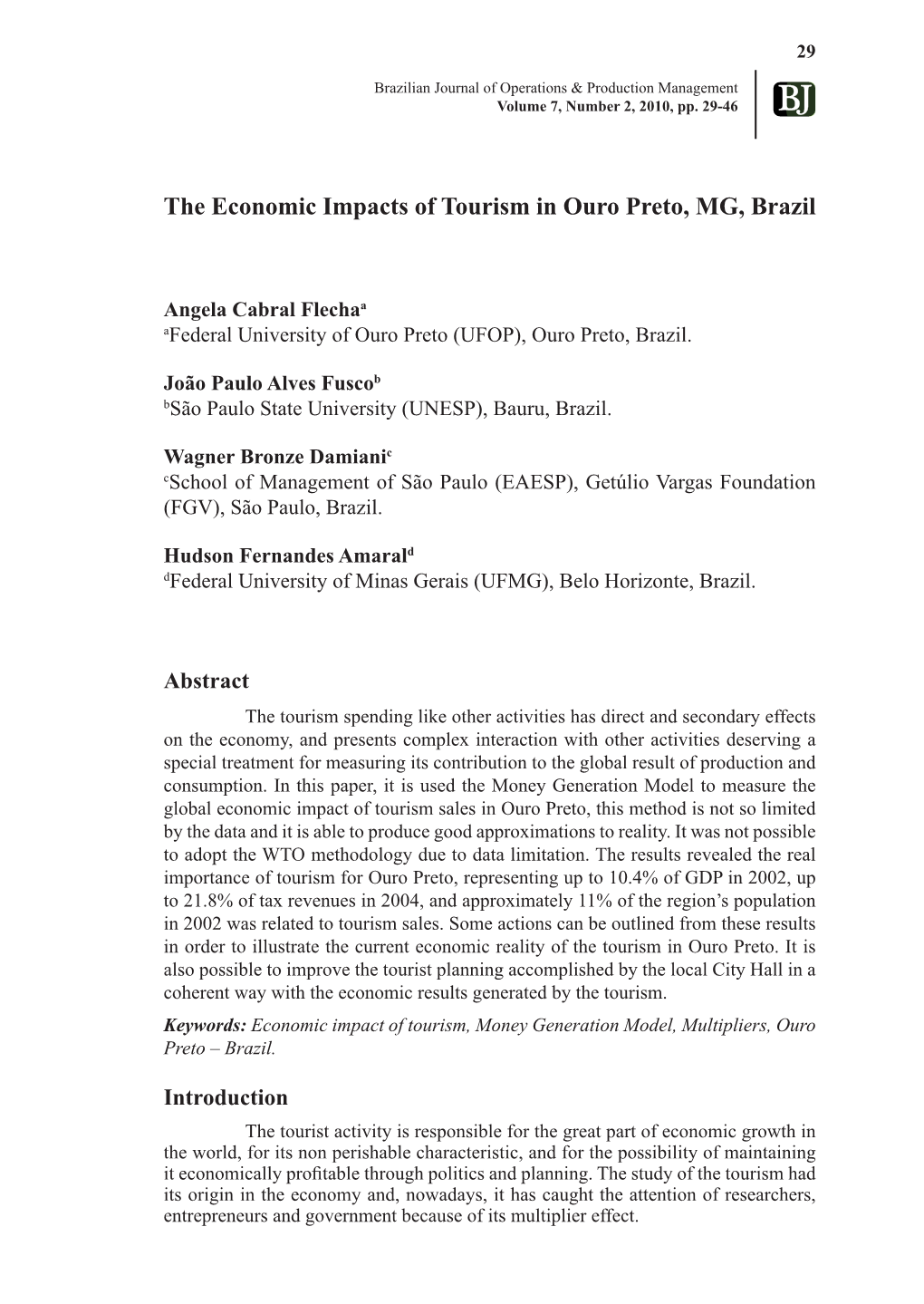 The Economic Impacts of Tourism in Ouro Preto, MG, Brazil