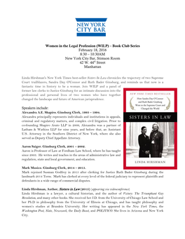 Women in the Legal Profession (WILP) – Book Club Series February 18, 2016 8:30 – 10:30AM New York City Bar, Stimson Room 42 W