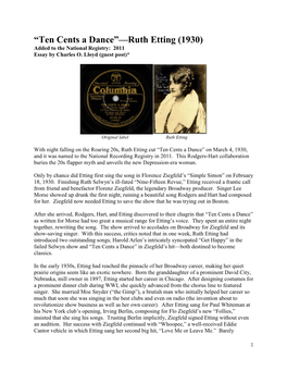 Ten Cents a Dance”—Ruth Etting (1930) Added to the National Registry: 2011 Essay by Charles O