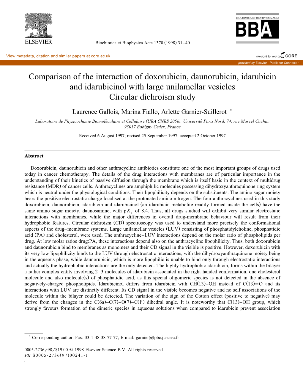 Comparison of the Interaction of Doxorubicin, Daunorubicin, Idarubicin and Idarubicinol with Large Unilamellar Vesicles Circular Dichroism Study