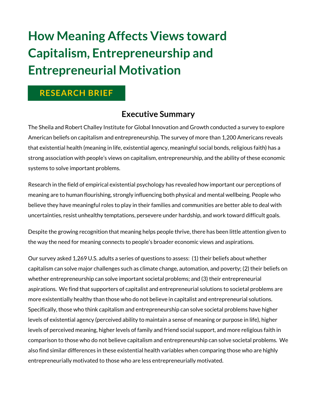 How Meaning Affects Views Toward Capitalism, Entrepreneurship and Entrepreneurial Motivation