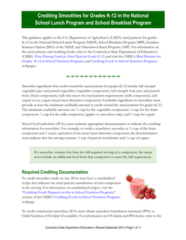 Crediting Smoothies for Grades K-12 in the NSLP and SBP