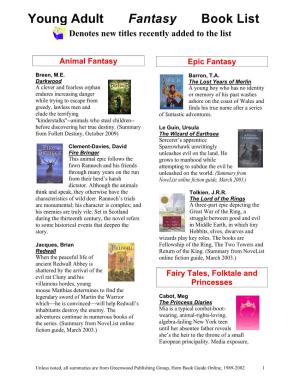 Young Adult Fantasy Book List Denotes New Titles Recently Added to the List