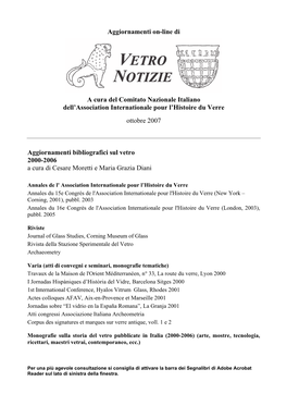 Aggiornamenti Bibliografici Sul Vetro 2000-2006 a Cura Di Cesare Moretti E Maria Grazia Diani