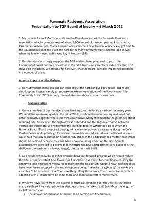 Paremata Residents Association Presentation to TGP Board of Inquiry – 6 March 2012