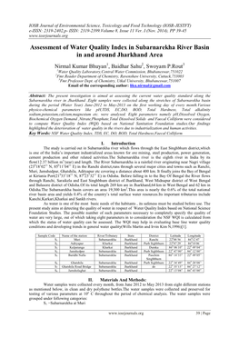 Assessment of Water Quality Index in Subarnarekha River Basin in and Around Jharkhand Area
