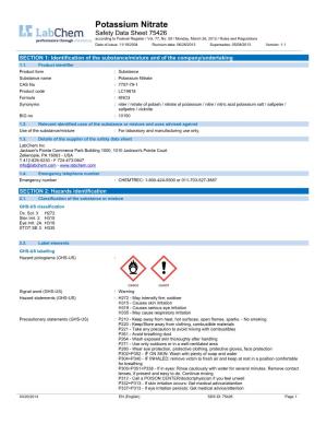 Potassium Nitrate Safety Data Sheet 75426 According to Federal Register / Vol