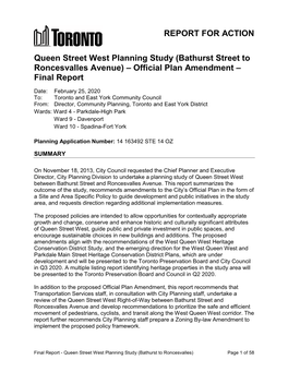 Queen Street West Planning Study (Bathurst Street to Roncesvalles Avenue) – Official Plan Amendment – Final Report