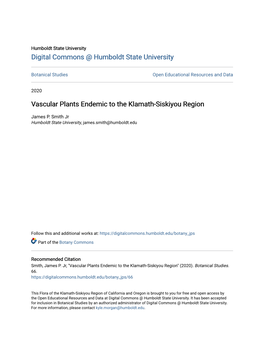 Vascular Plants Endemic to the Klamath-Siskiyou Region