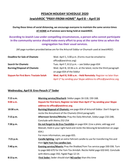 PESACH HOLIDAY SCHEDULE 2020 Jewishroc “PRAY-FROM-HOME” April 8 – April 16