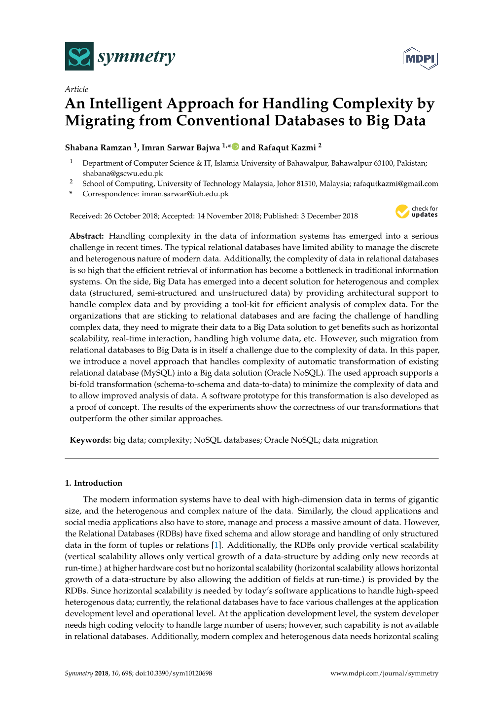 An Intelligent Approach for Handling Complexity by Migrating from Conventional Databases to Big Data