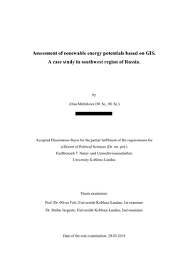 Assessment of Renewable Energy Potentials Based on GIS. a Case Study in Southwest Region of Russia
