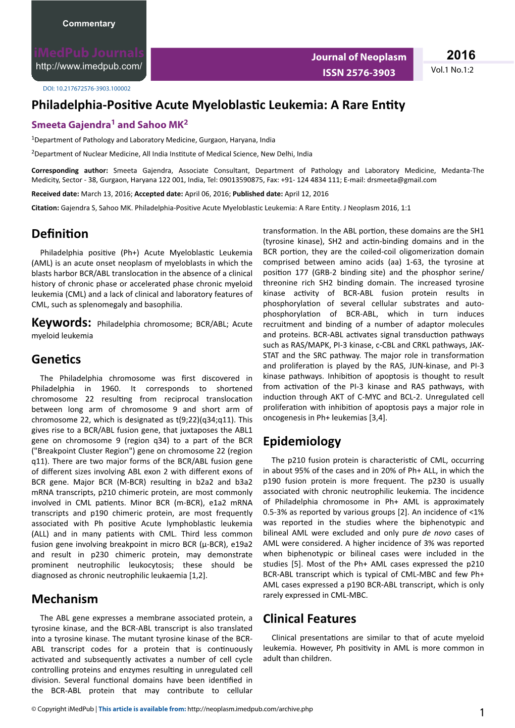 Philadelphia-Positive Acute Myeloblastic Leukemia: a Rare Entity Definition Genetics Mechanism Epidemiology Clinical Features Im