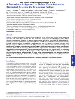 Article a Transcriptomic Approach to Ribbon Worm