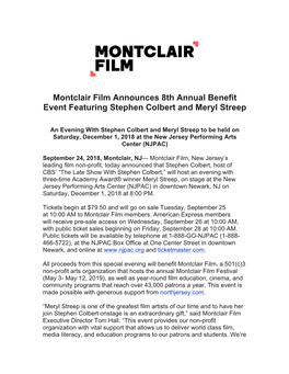 September 24, 2018 – Montclair Film Announces 8Th Annual Benefit Event