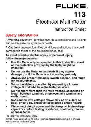 Electrical Multimeter Instruction Sheet Safety Information a Warning Statement Identifies Hazardous Conditions and Actions That Could Cause Bodily Harm Or Death