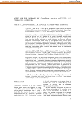 NOTES on the BIOLOGY of Centrolabrus Caeruleus AZEVEDO
