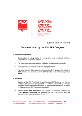 Decisions Taken by the 10Th PES Congress