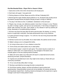 Pee Wee Baseball Rules - Player Pitch Or Season 2 Rules 1