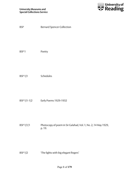 Of 179 BSP Bernard Spencer Collection BSP 1 Poetry BSP 1/1 Schedules BSP 1/1-1/2 Early Poems 1929-1932 BSP 1/1/1 Photocop