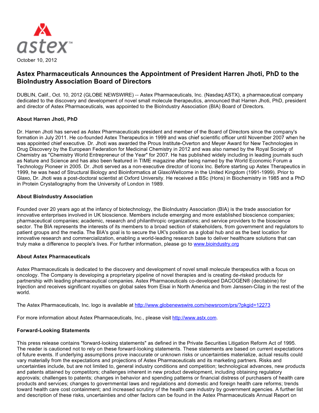 Astex Pharmaceuticals Announces the Appointment of President Harren Jhoti, Phd to the Bioindustry Association Board of Directors