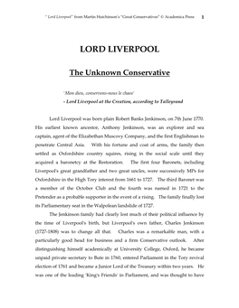 Lord Liverpool” from Martin Hutchinson’S “Great Conservatives”  Academica Press 1