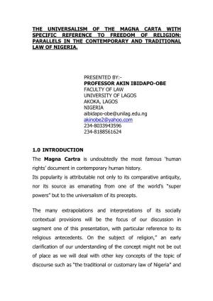 The Universalism of the Magna Carta with Specific Reference to Freedom of Religion: Parallels in the Contemporary and Traditional Law of Nigeria