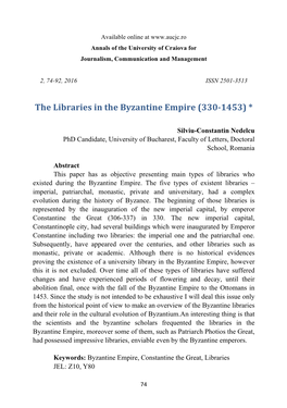 The Libraries in the Byzantine Empire (330-1453) *