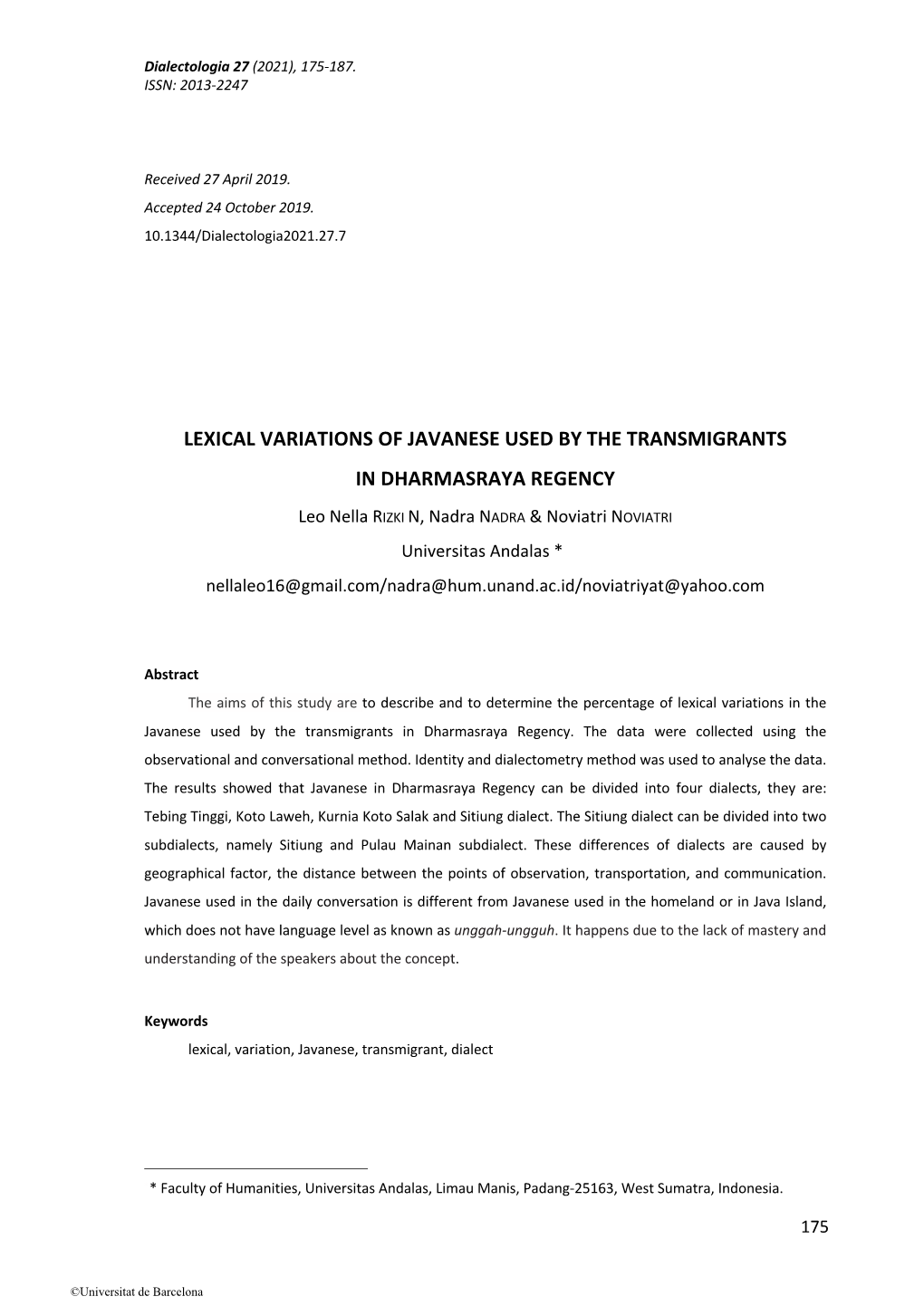 Lexical Variations of Javanese Used by the Transmigrants in Dharmasraya Regency