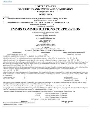 EMMIS COMMUNICATIONS CORPORATION (Exact Name of Registrant As Specified in Its Charter) INDIANA (State of Incorporation Or Organization) 35-1542018 (I.R.S
