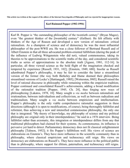 Karl R. Popper Is “The Outstanding Philosopher of the Twentieth Century” (Bryan Magee), Even “The Greatest Thinker of the [Twentieth] Century” (Gellner)