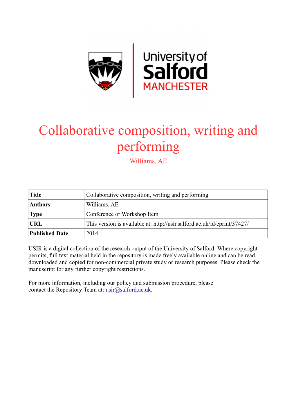 Collaborative Composition, Writing and Performing Williams, AE