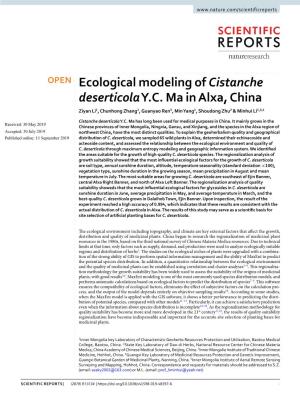 Ecological Modeling of Cistanche Deserticola Y.C. Ma in Alxa, China Ziyan Li1, Chunhong Zhang1, Guanyao Ren5, Min Yang1, Shoudong Zhu2 & Minhui Li1,3,4