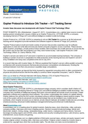 Gopher Protocol to Introduce Orb Tracker -- Iot Tracking Server