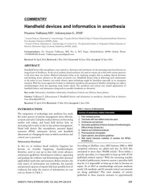 Handheld Devices and Informatics in Anesthesia Prasanna Vadhanan,MD1, Adinarayanan S., DNB2
