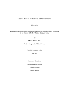 The Force of Face-To-Face Diplomacy in International Politics Dissertation