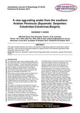 A New Egg-Eating Snake from the Southern Arabian Peninsula (Squamata: Serpentes: Colubridae:Colubrinae:Boigini)