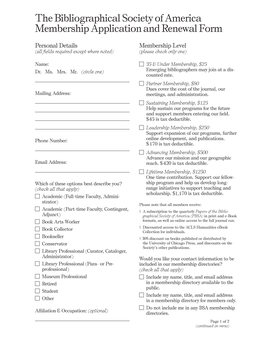 The Bibliographical Society of America Membership Application and Renewal Form