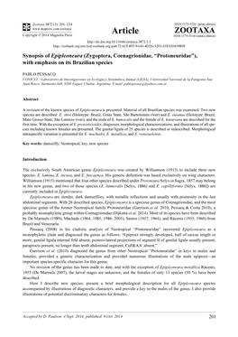 Synopsis of Epipleoneura (Zygoptera, Coenagrionidae, “Protoneuridae”), with Emphasis on Its Brazilian Species